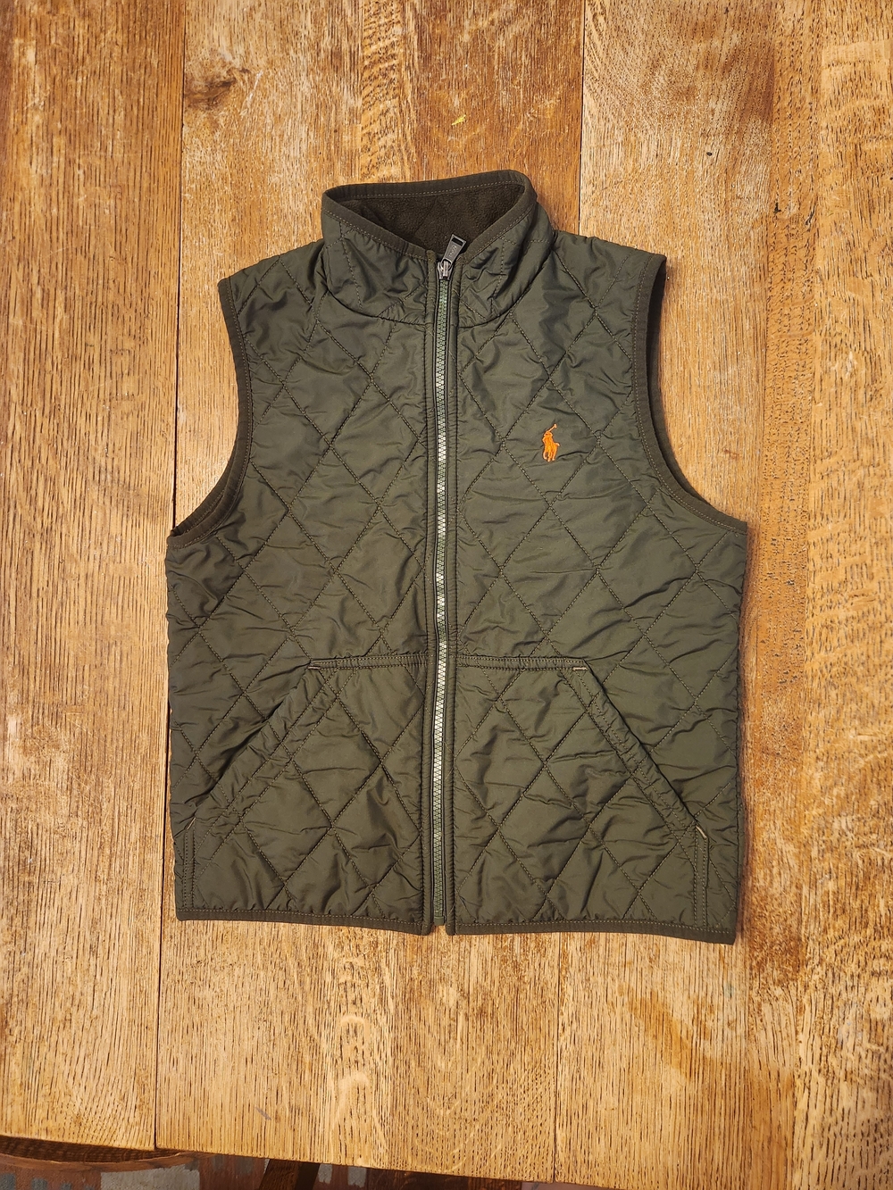 Polo by Ralph Lauren Olive Green Quilted Kids Vest with Orange Pony